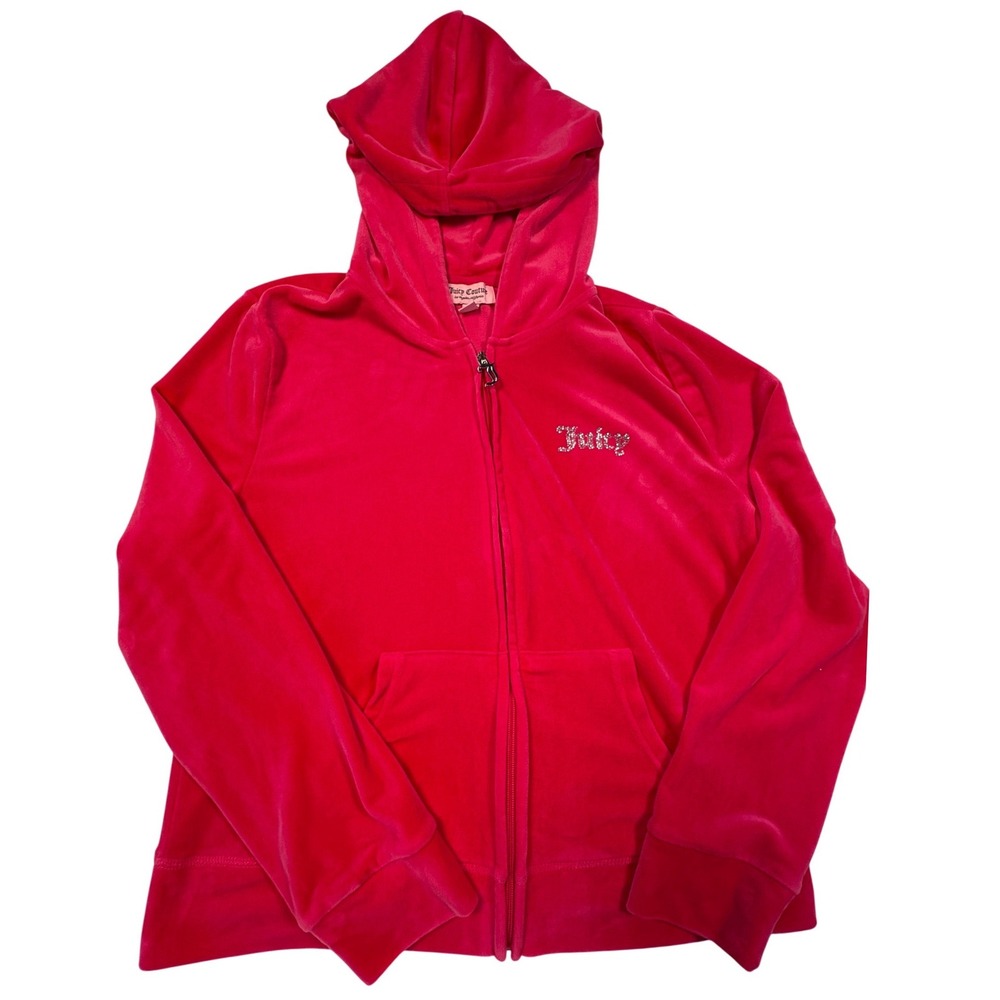 Juicy Couture Hot Pink Velour Zip Up Hoodie Rhinestone Logo XL Y2K Style